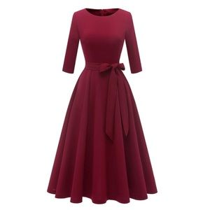 Dresstells Elegant Burgundy Midi Dress Tea Length